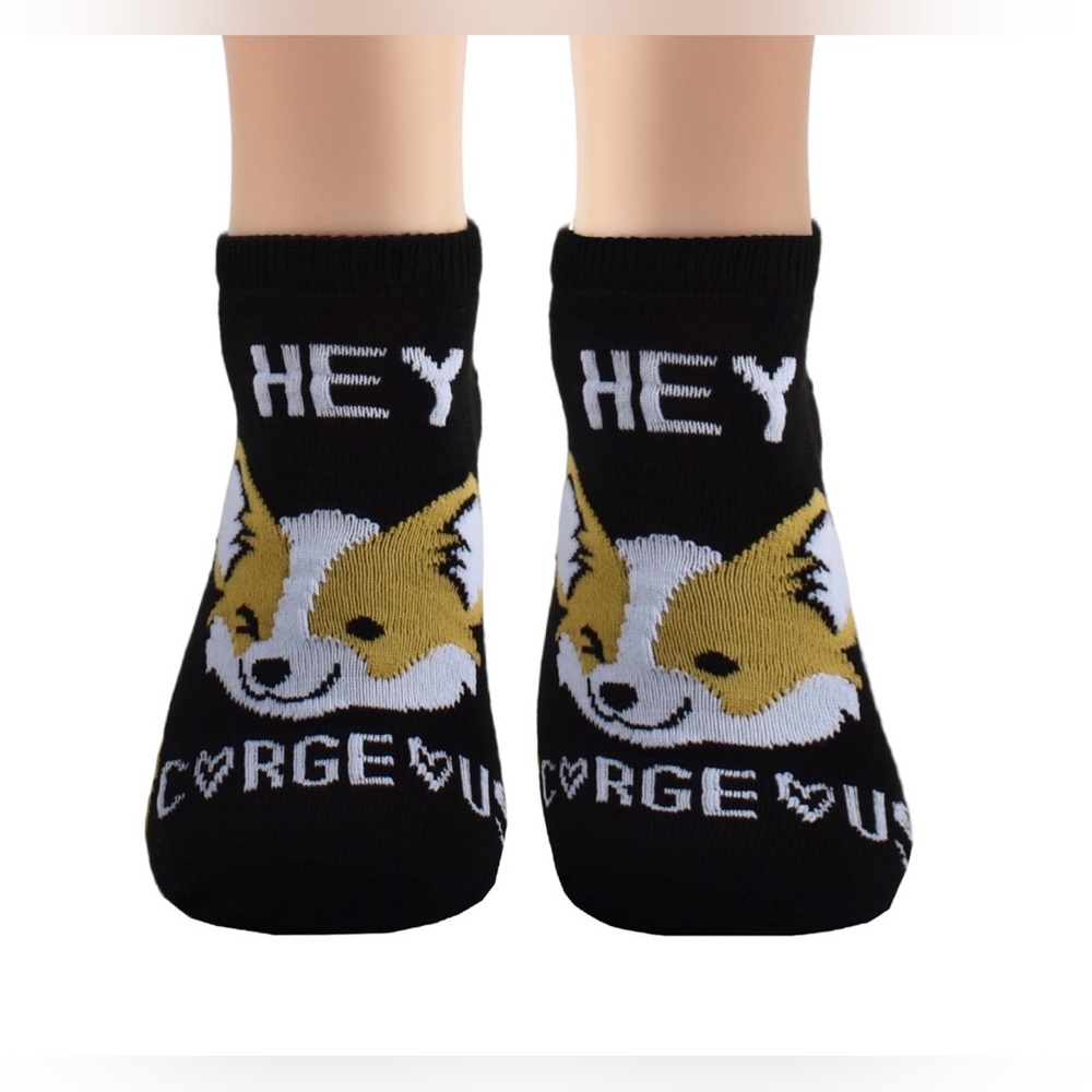 #z214 - Black Hey Corgeous Corgi Dog Low Cut Socks, Fits Adult Shoe Size 4-10